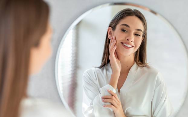 Self-care,Concept.,Portrait,Of,Attractive,Young,Female,Looking,At,Mirror,