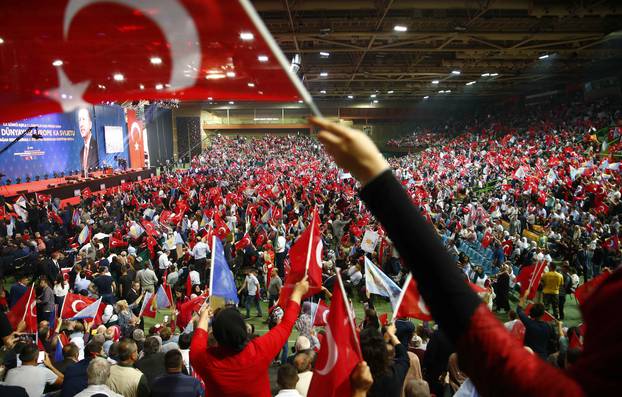 Supporters of Turkish President Erdogan attend a pre-election rally in Sarajevo