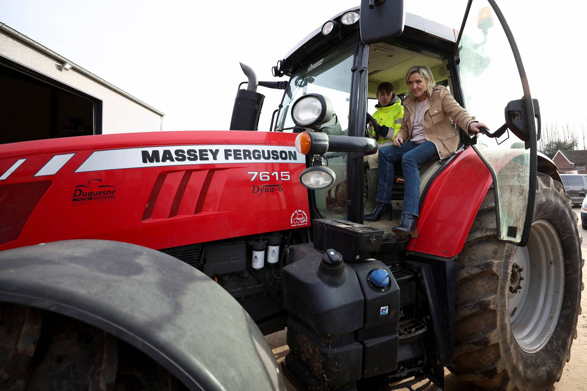 French far right leader Marine Le Pen visits a farm as the nationwide farmers protest continues, in Radinghem