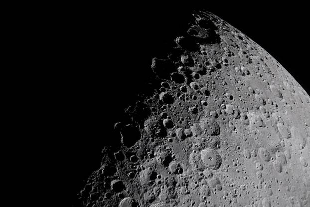 A view of the Moon, captured through the Orion spacecraft window