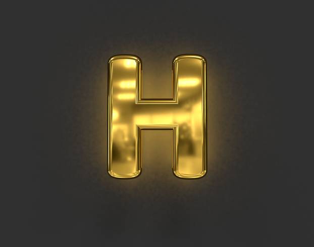 shiny golden metal font - letter H isolated on dark grey background, 3D illustration of symbols