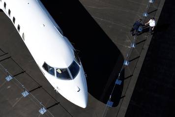 An aerial view of Bombardier's new Global 7000 business jet is seen during the National Business Aviation Association conference and expo at the Henderson Executive Airport in Henderson