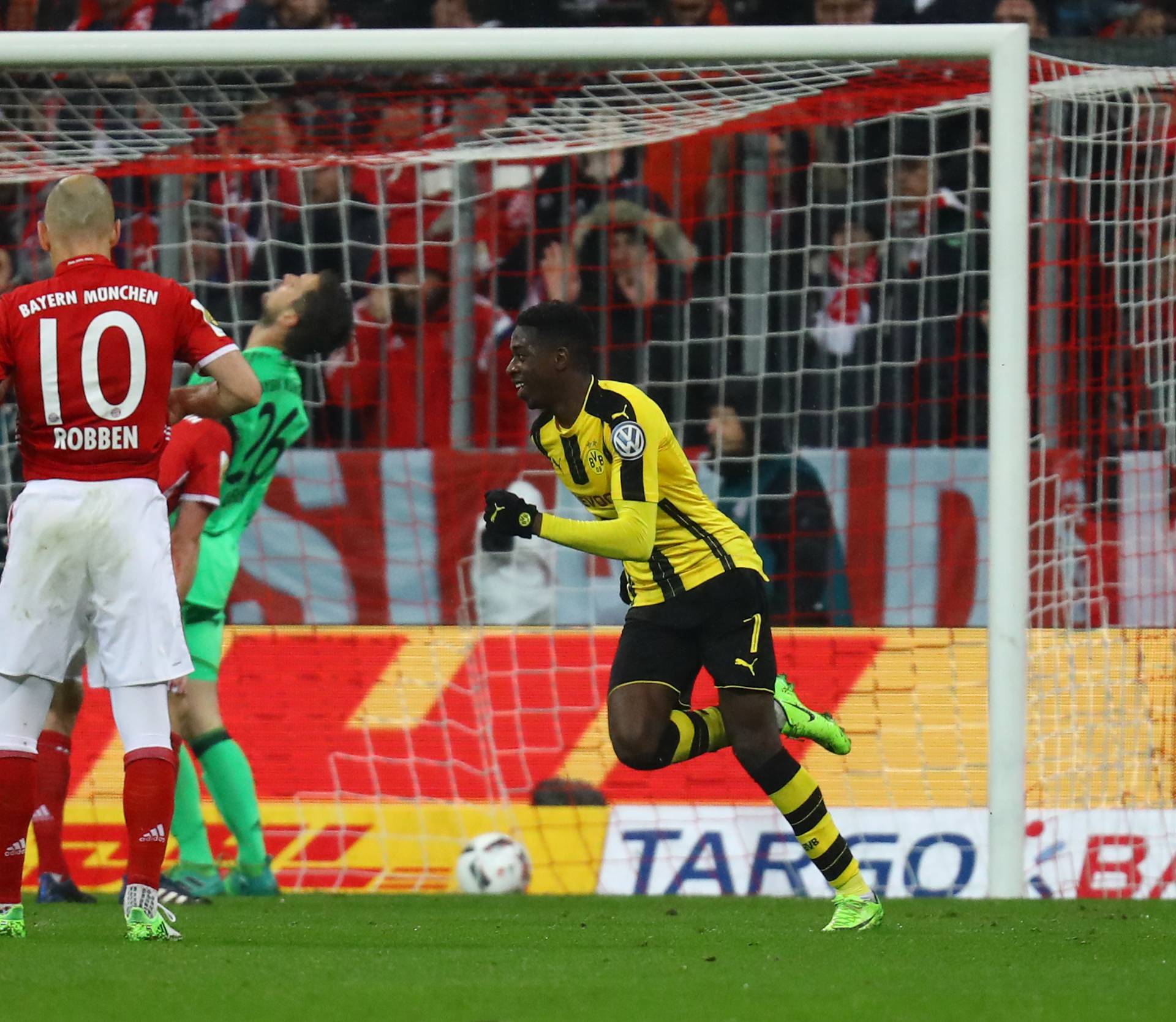 Borussia Dortmund's Ousmane Dembele celebrates scoring their third goal