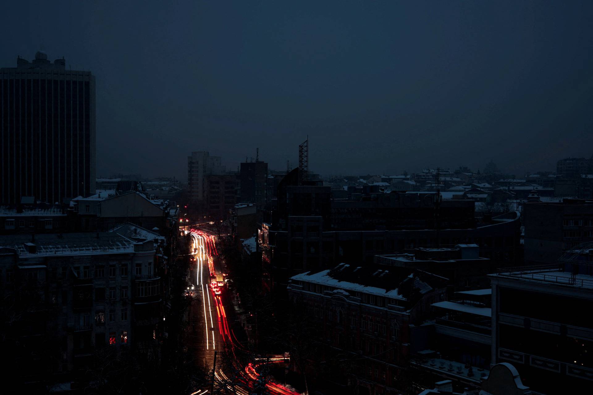 A view shows the city without electricity after critical civil infrastructure was hit by Russian missile attacks in Kyiv