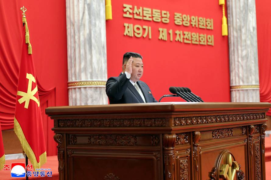 North Korean leader Kim Jong Un speaks during the expanded meeting of the first plenary meeting of the Ninth Central Committee of the Workers' Party of Korea (WPK), in Pyongyang