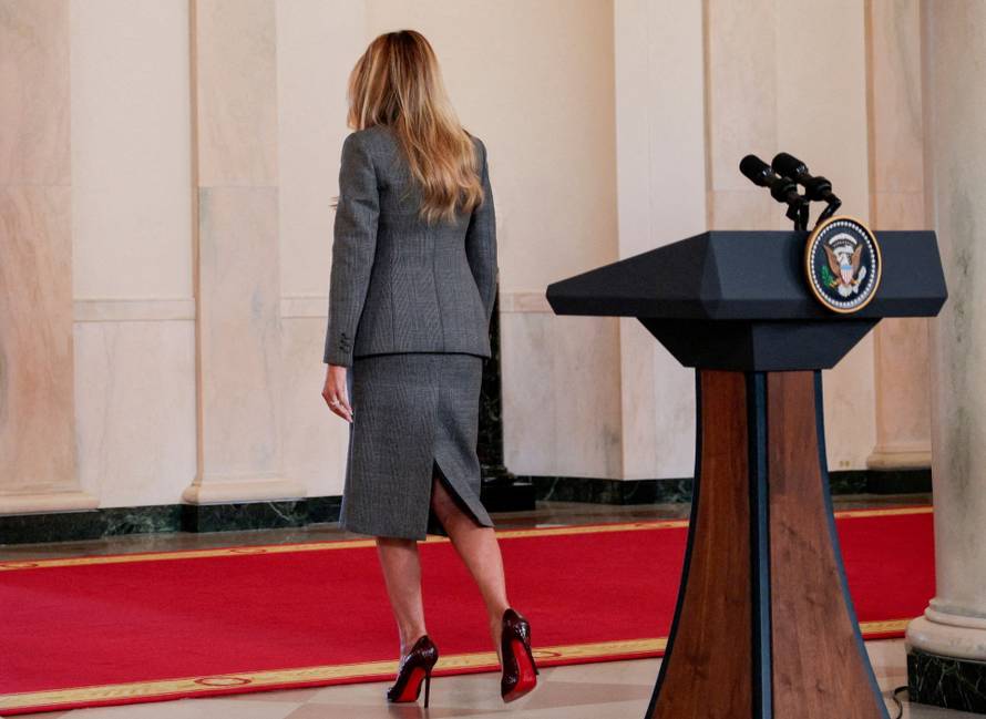 U.S. first lady Melania Trump delivers remarks regarding Jeffrey Epstein, from the White House in Washington