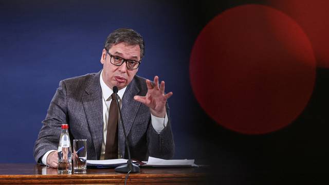 Serbian President Vucic holds a news conference in Belgrade