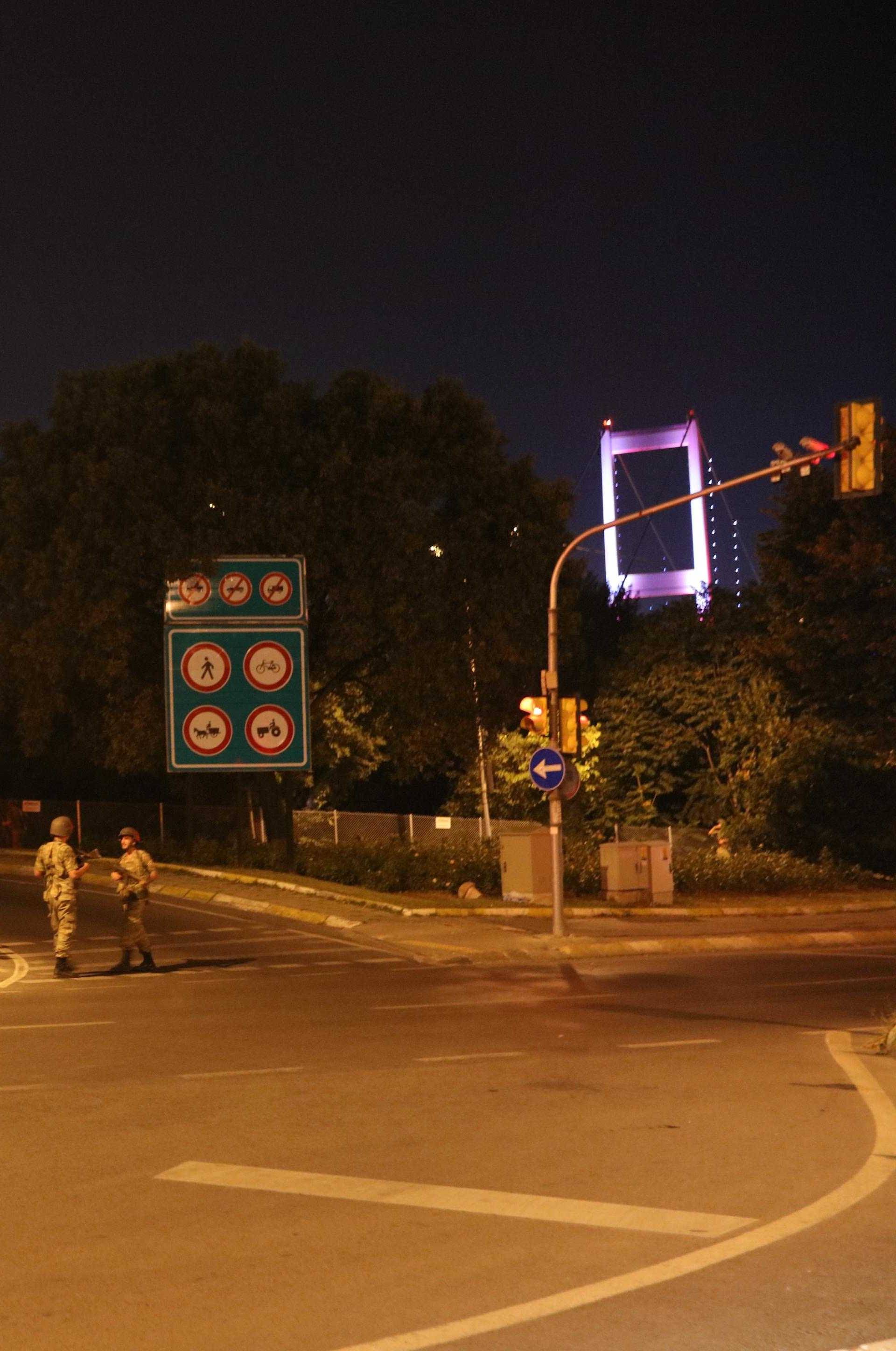 Turkish military block access to the Bosphorus bridge, which links the city's European and Asian sides, in Istanbul