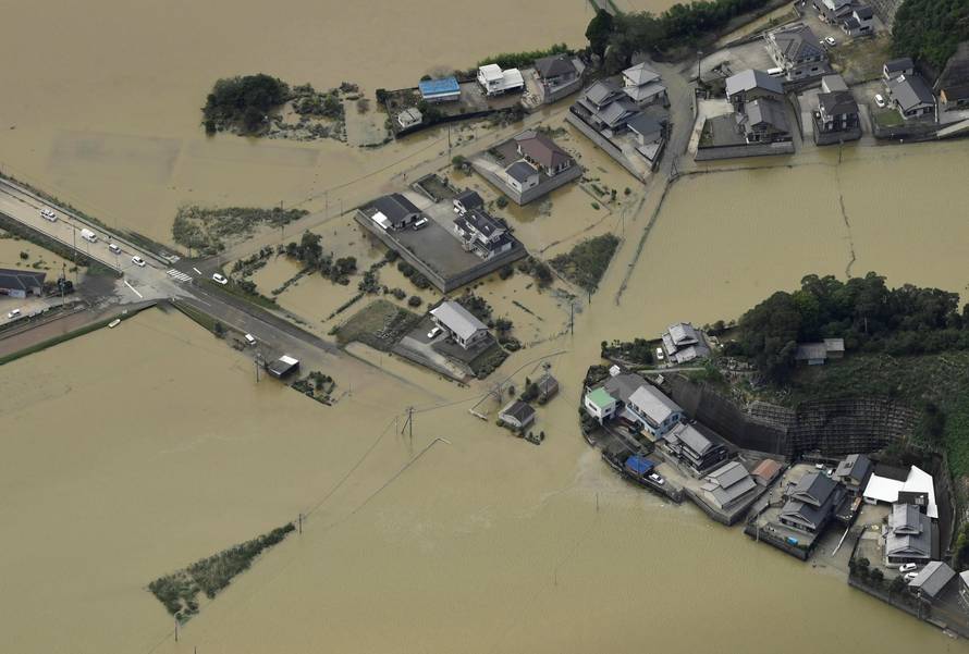 An aerial view shows flooded area due to heavy rains caused by Typhoon Malakas in Nobeoka, Miyazaki Prefecture, Japan