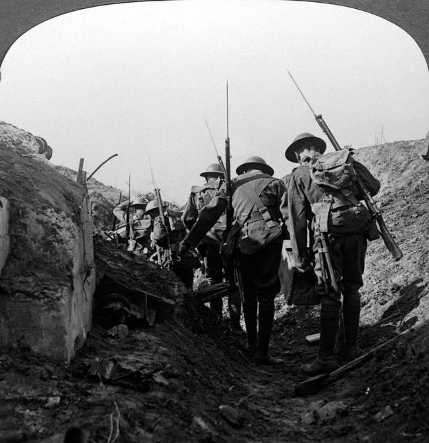 British troops in a captured trench, Hindenburg Line, France, World War I, 1917-1918.