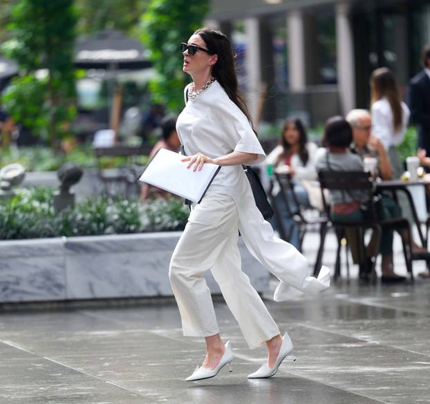 Anne Hathaway is Seen on set of The Devil Wears Prada 2 in New York City