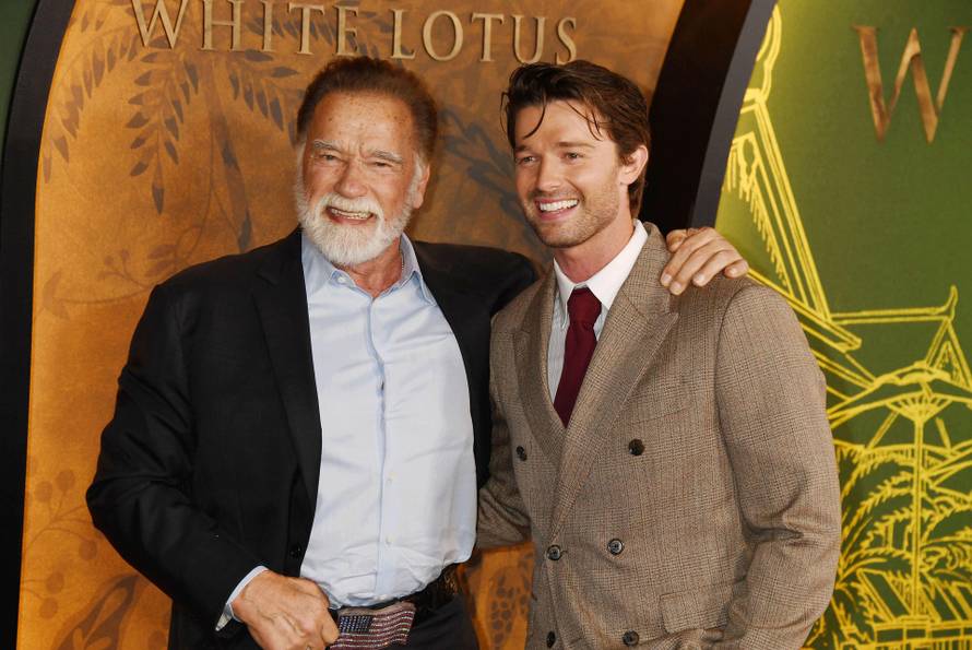 LOS ANGELES, CALIFORNIA - FEBRUARY 10: (L-R) Arnold Schwarzenegger and Patrick Schwarzenegger attend the Los Angeles Premiere of HBO Original Series "