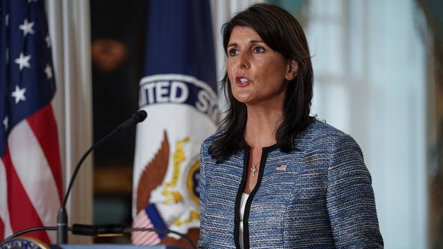 U.S. Ambassador to the United Nations Nikki Haley delivers remarks to the press together with U.S. Secretary of State Mike Pompeo, announcing the U.S.'s withdrawal from the U.N's Human Rights Council at the Department of State in Washington