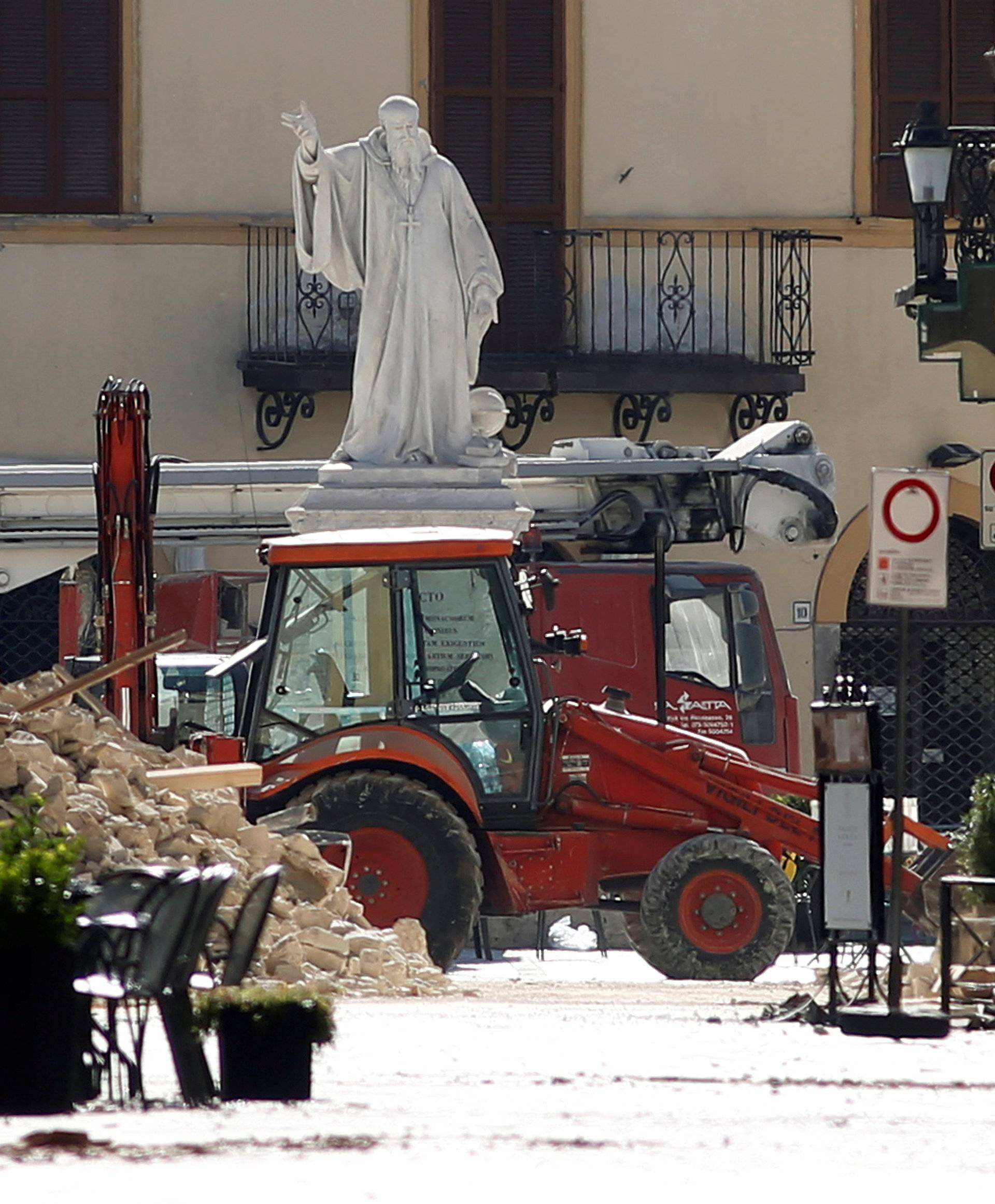 Rubbles are seen following an earthquake in the main square of Norcia