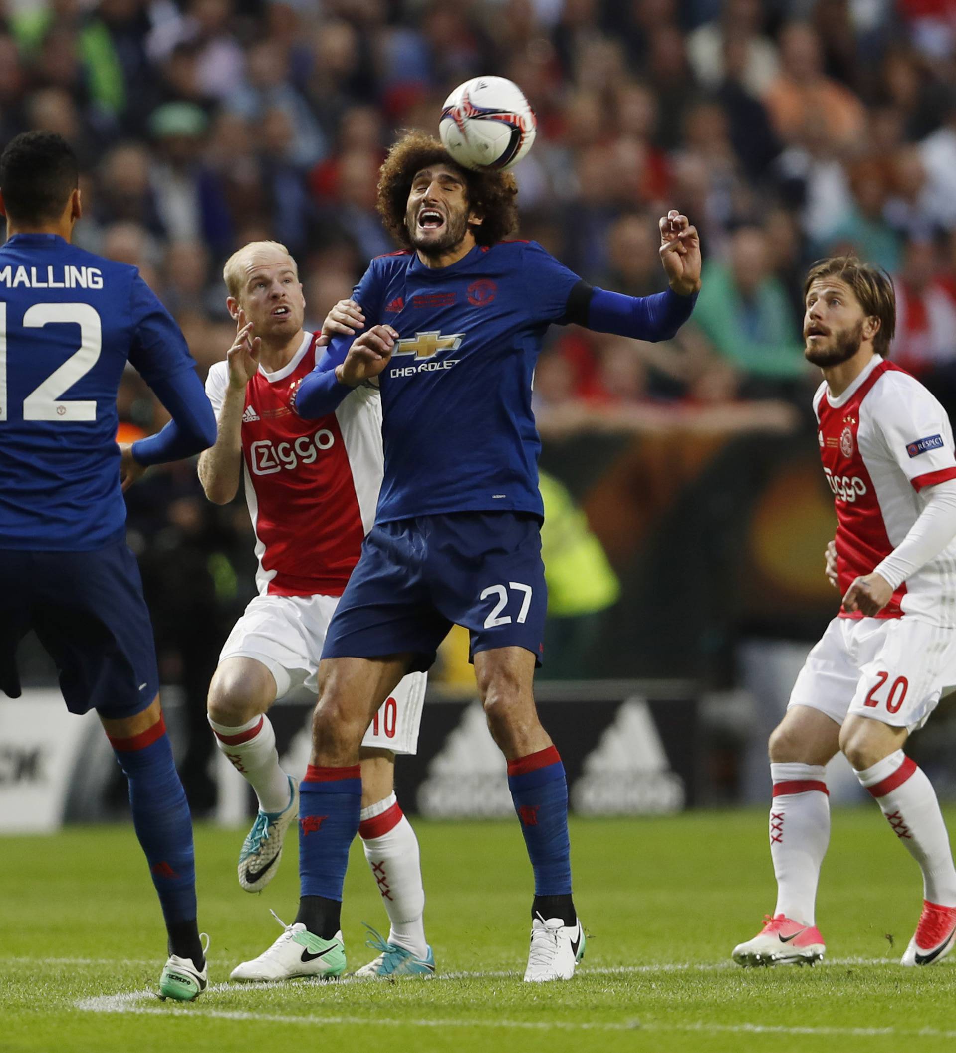 Manchester United's Marouane Fellaini in action with Ajax's Davy Klaassen
