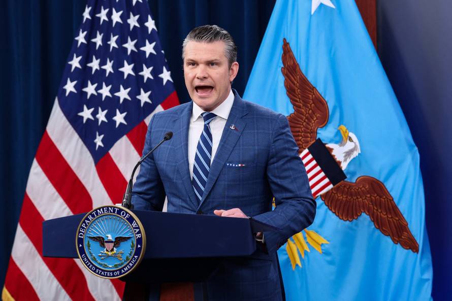 U.S. Secretary of Defense Pete Hegseth holds a press briefing, at the Pentagon in Washington