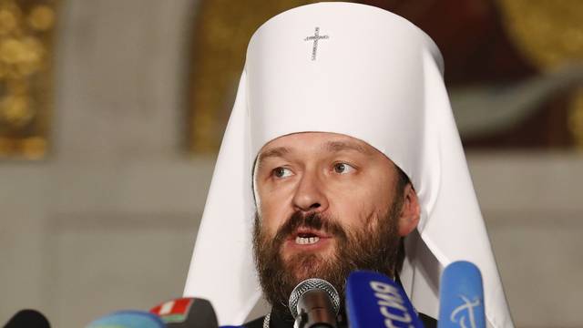 Chairman of external relations department of the Moscow Patriarchate, Metropolitan Hilarion, attends a news conference in Minsk