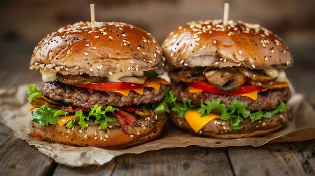 Close-up of two homemade juicy burgers with mushrooms on a wooden cutting board