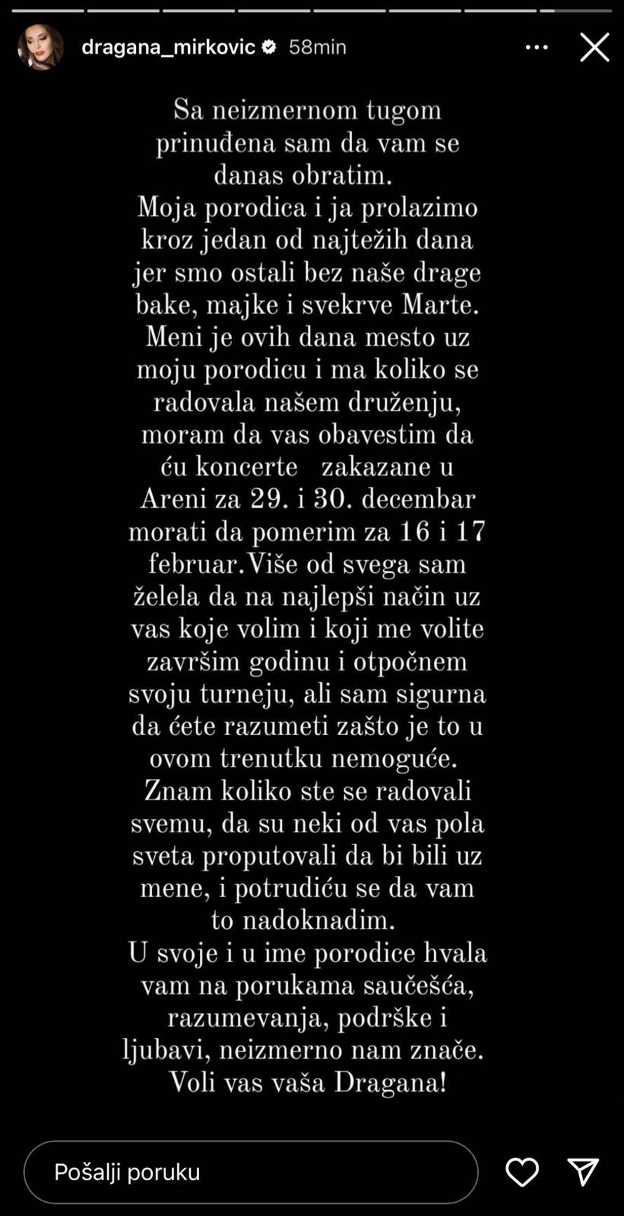 Dragana Mirković ostala je bez člana obitelji: 'Jedan od težih dana. Moram odgoditi Arenu'