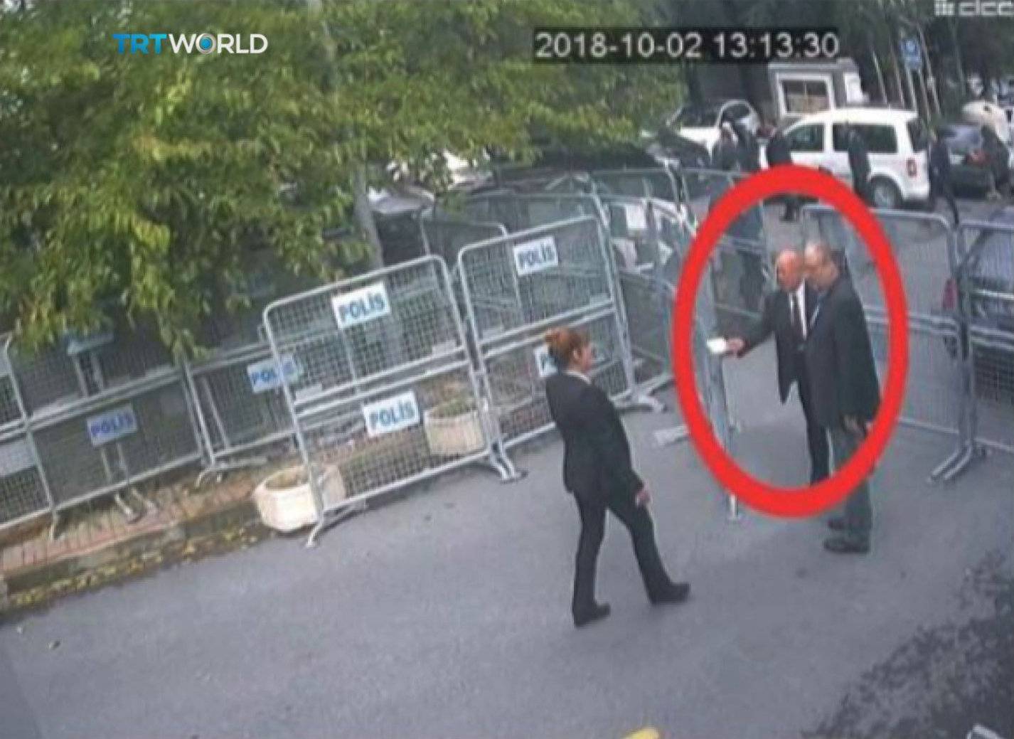 A still image taken from CCTV video and obtained by TRT World claims to show Saudi journalist Jamal Khashoggi, highlighted in a red circle by the source, as he arrives at Saudi Arabia's Consulate in Istanbul