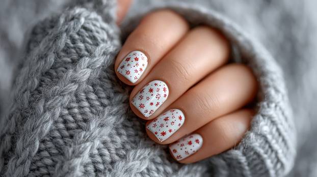 A hand with white and red nail polish is shown in a close up