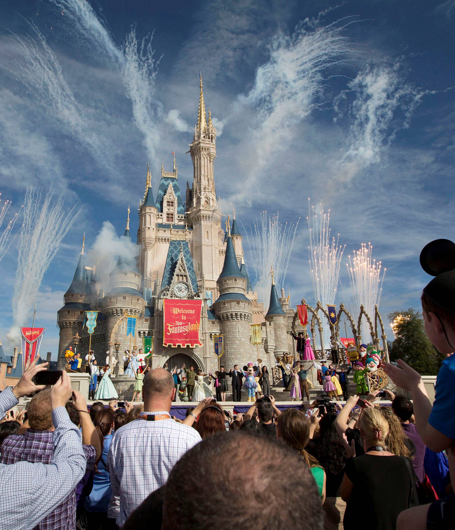 FILE PHOTO: Fireworks go off around Cinderella's castle during the grand opening ceremony for Walt Disney World's new Fantasyland in Lake Buena Vista, Florida
