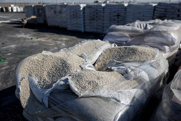 Humanitarian aid is waited to be transferred into Gaza from Israel, at the Gaza part of the Kerem Shalom crossing in the Gaza Strip