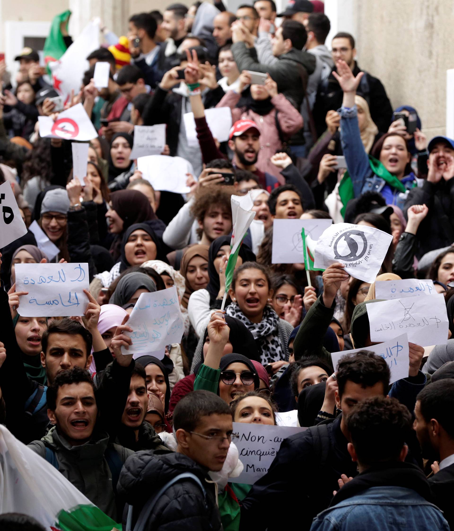 Students protest inside university campus against President Abdelaziz Bouteflika's plan to extend his 20-year rule by seeking a fifth term in Algiers