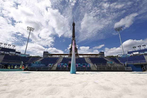 Paris 2024 Olympics - Olympics volleyball venue filled with sand at the base of the Eiffel Tower