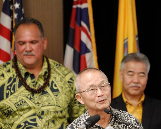 Miyagi speaks at a news conference discussing the newly-activated Attack Warning Tone in Honolulu