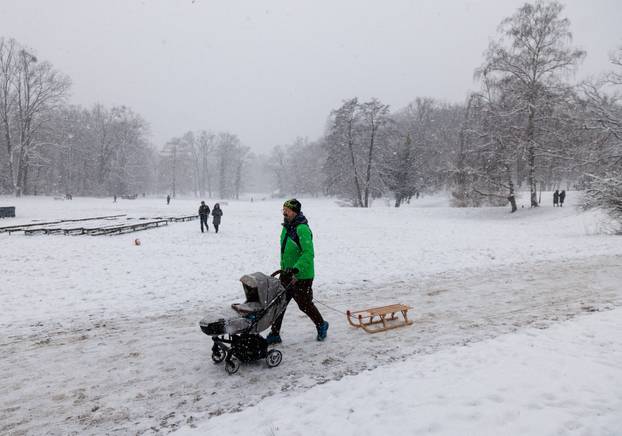Snow-covered Maksimir park in Zagreb