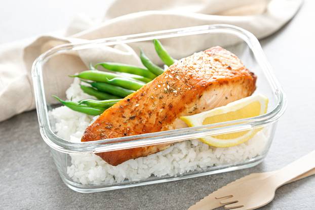 Lunch,Box,Container,With,Grilled,Salmon,Fish,Fillet,,Rice,And