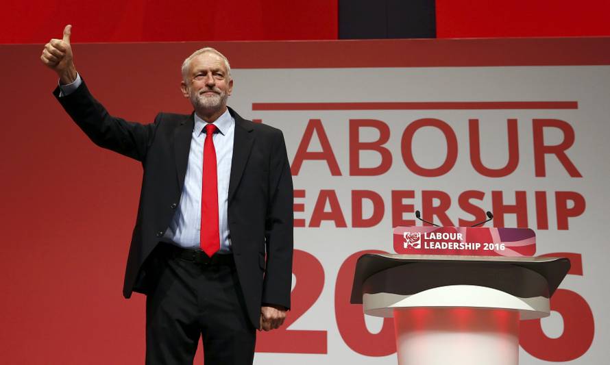 The leader of Britain's opposition Labour Party, Jeremy Corbyn, reacts after the announcement of his victory in the party's leadership election, in Liverpool