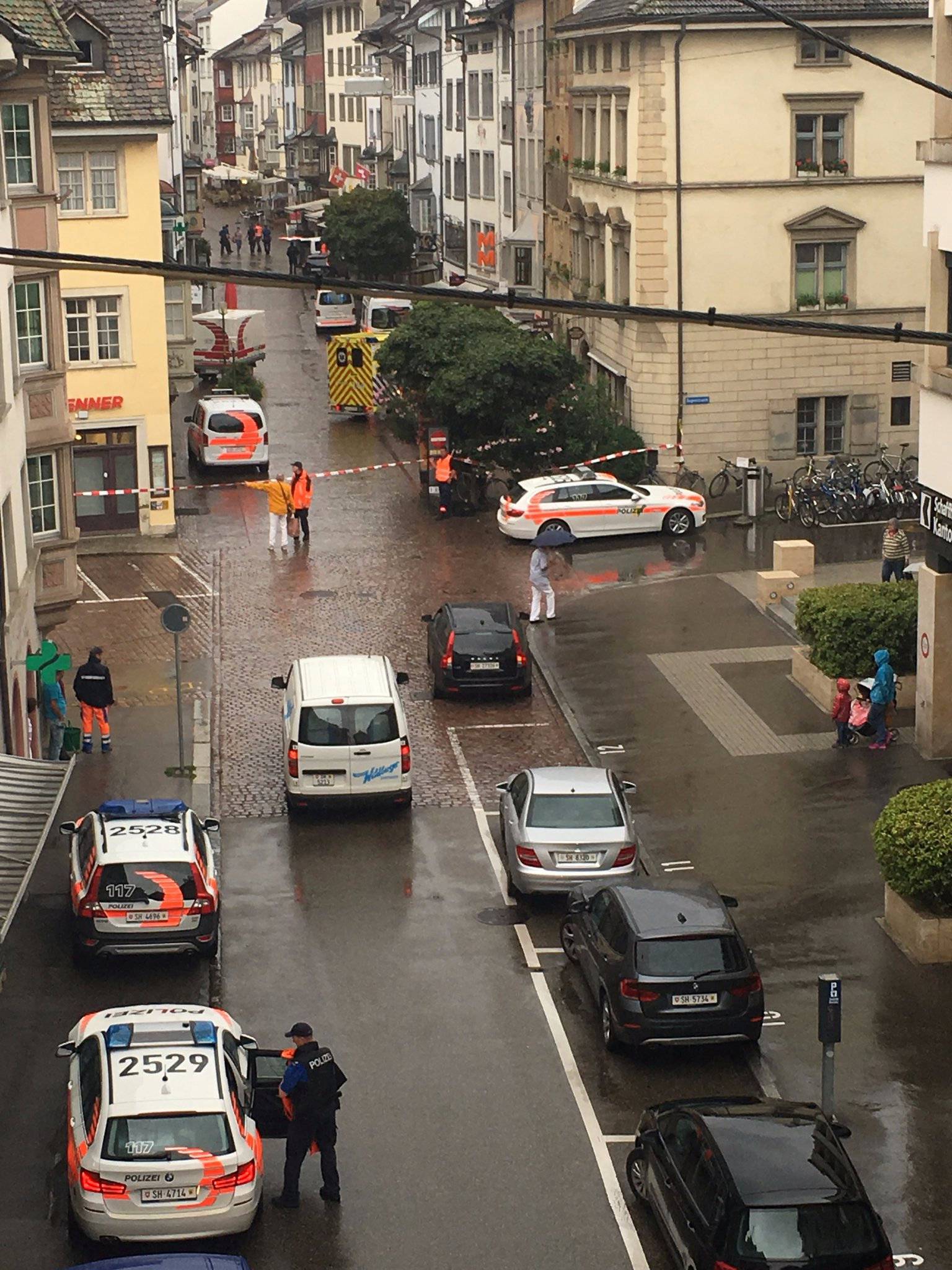 Picture shows a street cordoned off following an attack by an unidentified man in Schaffhausen