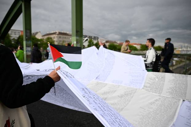 People attend a protest against Israel's participation in the Eurovision Song Contest