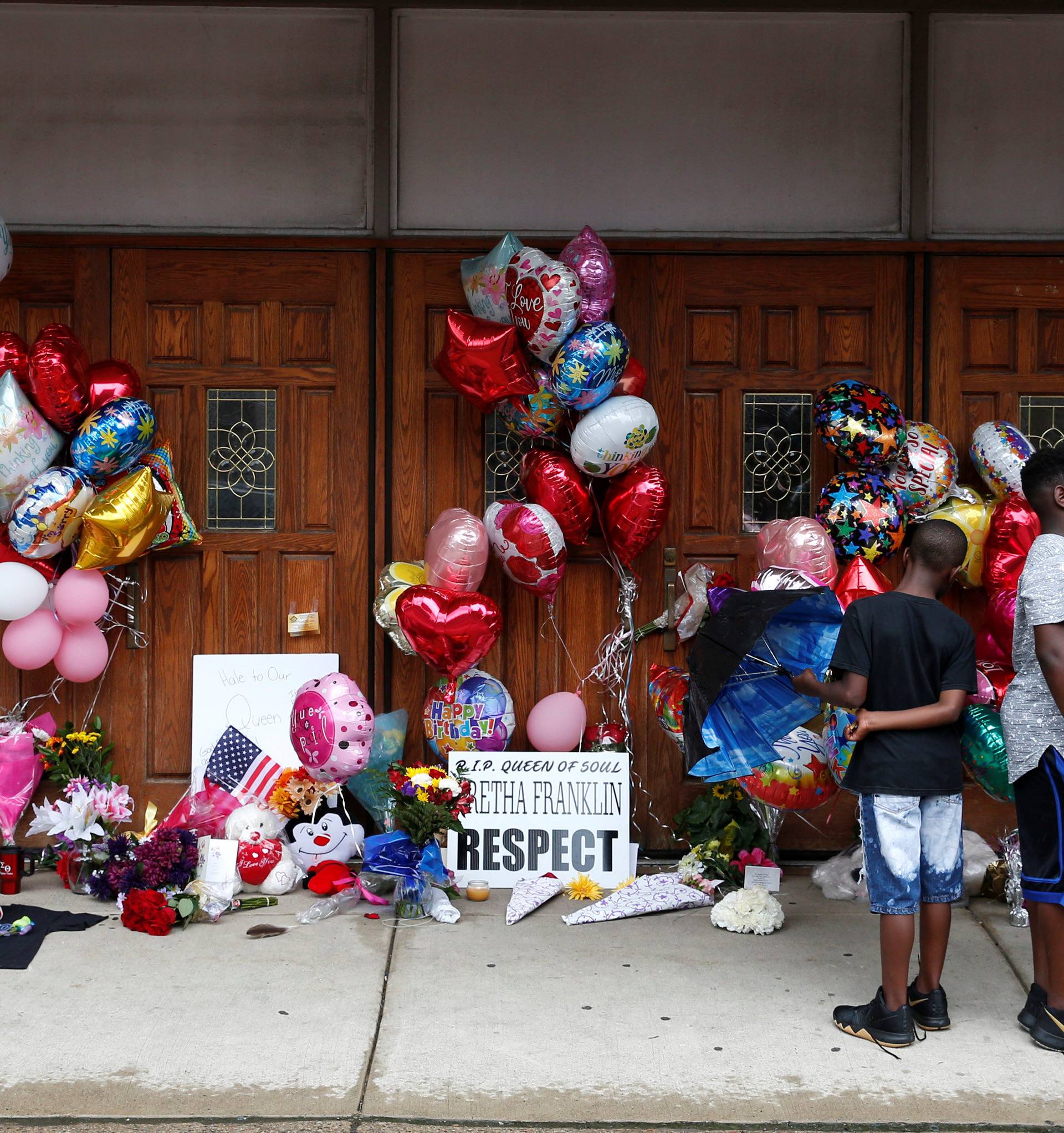 A memorial in memory of singer Aretha Franklin is seen outside New Bethel Baptist Church in Detroit,
