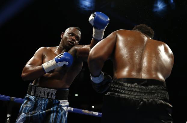 Dereck Chisora in action against Dillian Whyte (L)