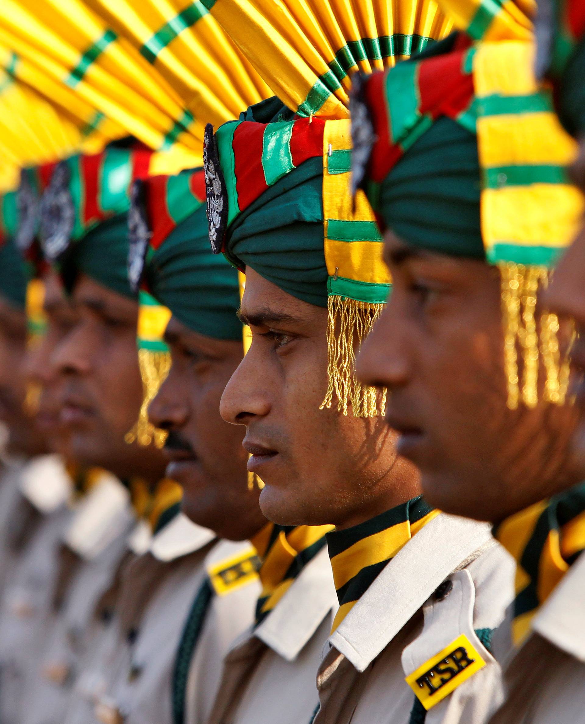 Indian paramilitary soldiers take part in a full-dress rehearsal for the Republic Day parade in Agartala
