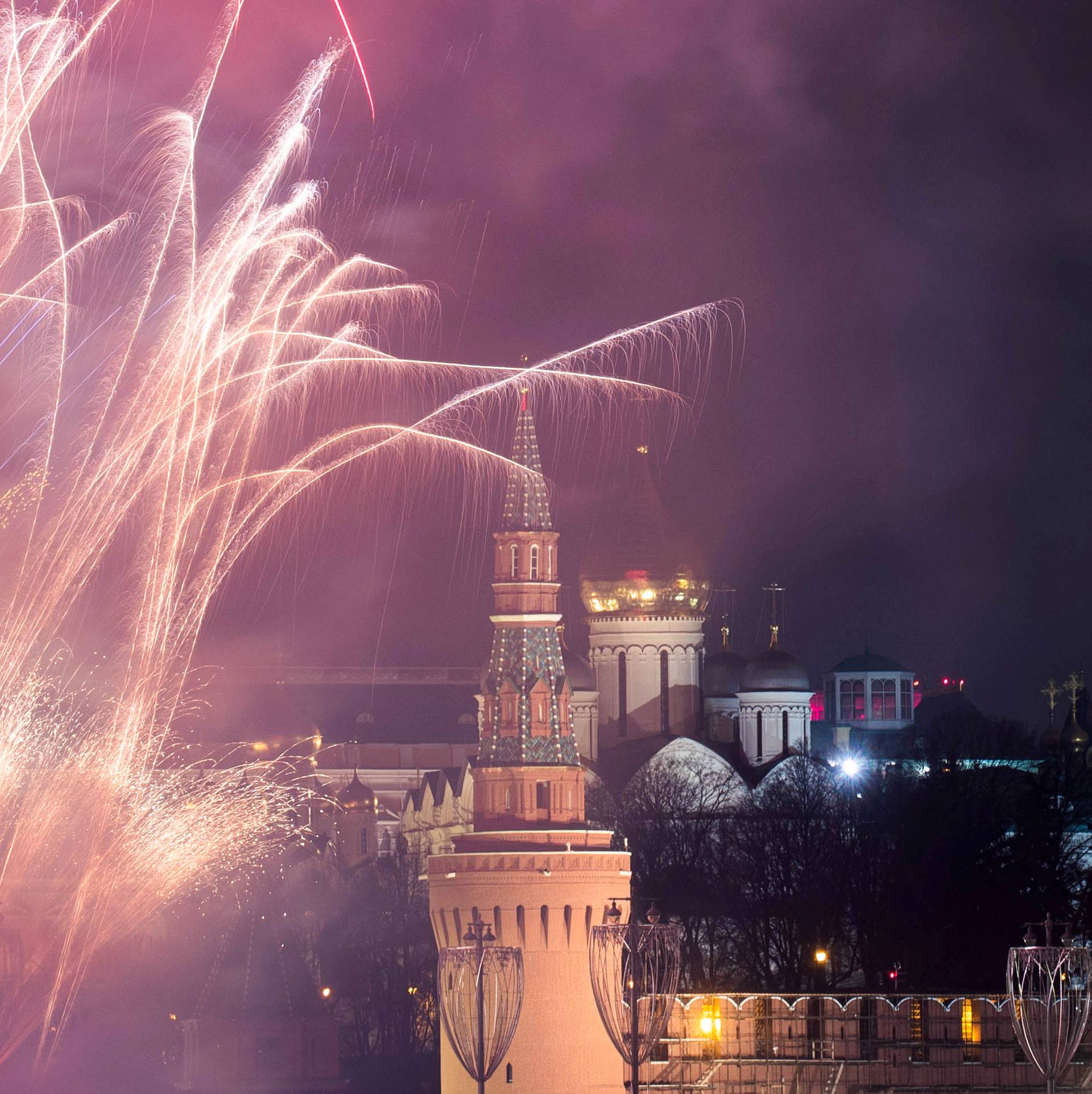 Fireworks explode in the sky during New Year's celebrations in Moscow