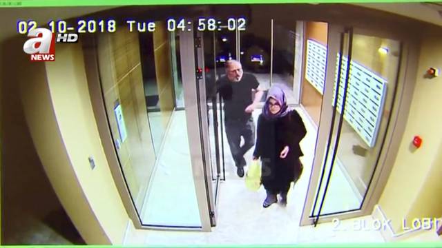 Still image taken from CCTV video supports to show Khashoggi and his fiancee entering their residence