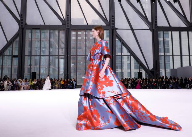 A model presents a creation from the Carolina Herrera Fall 2020 collection during New York Fashion Week