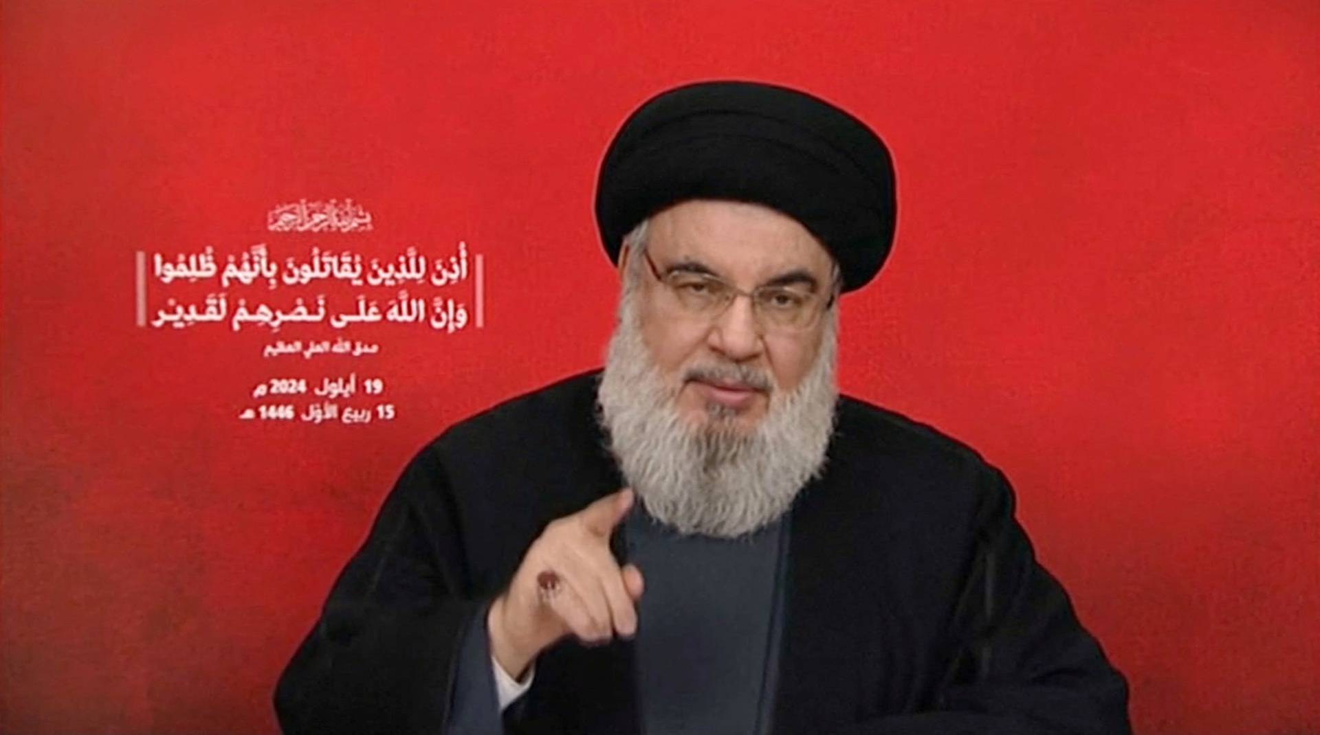 Hezbollah leader Sayyed Hassan Nasrallah gives a televised address