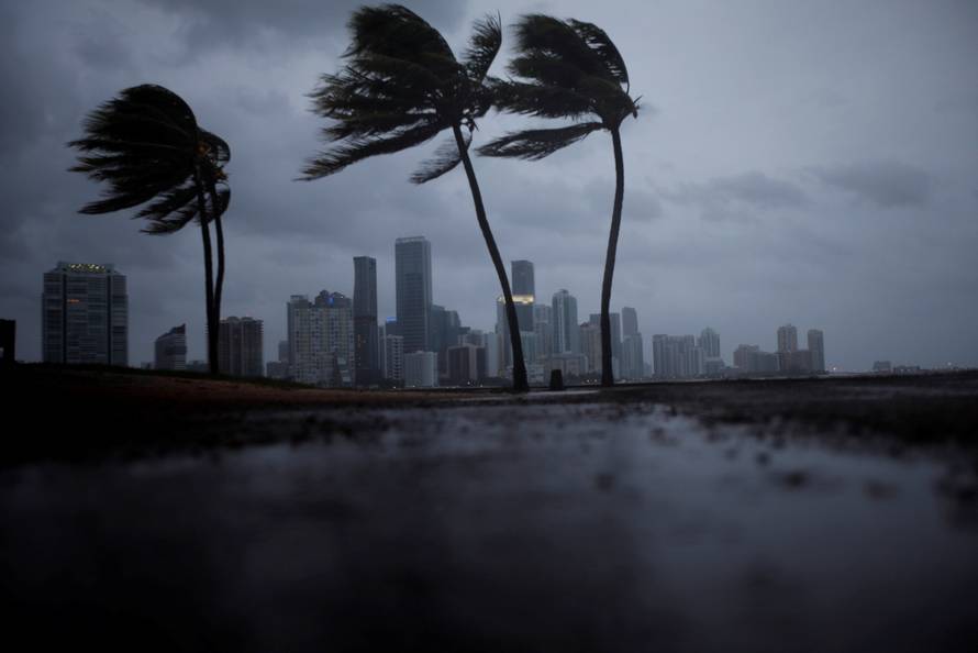 Dark clouds are seen over Miami's skyline before the arrival of Hurricane Irma