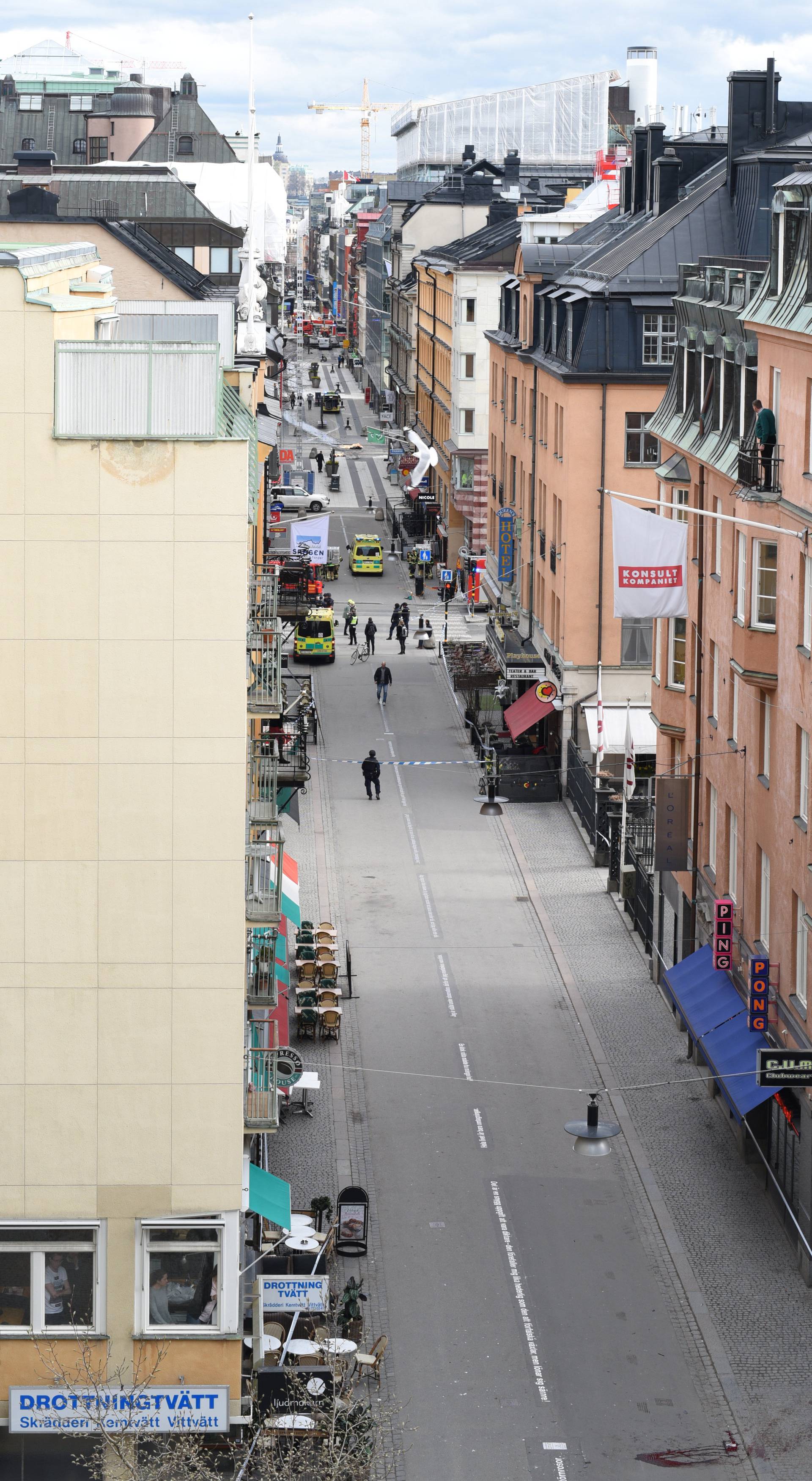 A view of the street near the site were a truck was driving into a crowd in central Stockholm