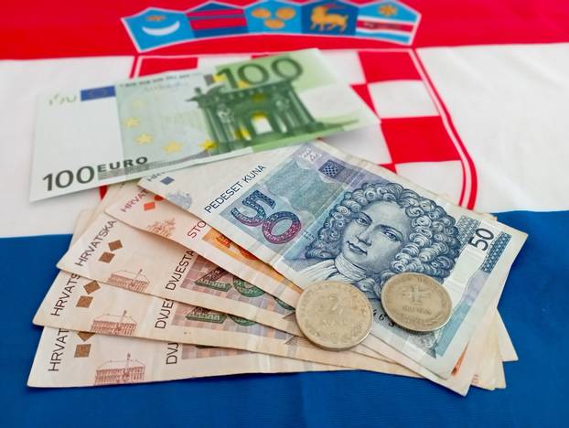 View,Of,Euro,And,Croatia,Bills,With,Croatian,Flag,In