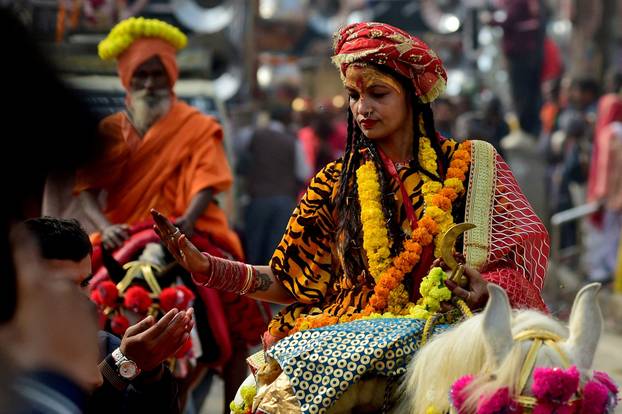The arrival of the members of an akhara or sect of sadhus for the upcoming "Maha Kumbh Mela" in Prayagraj