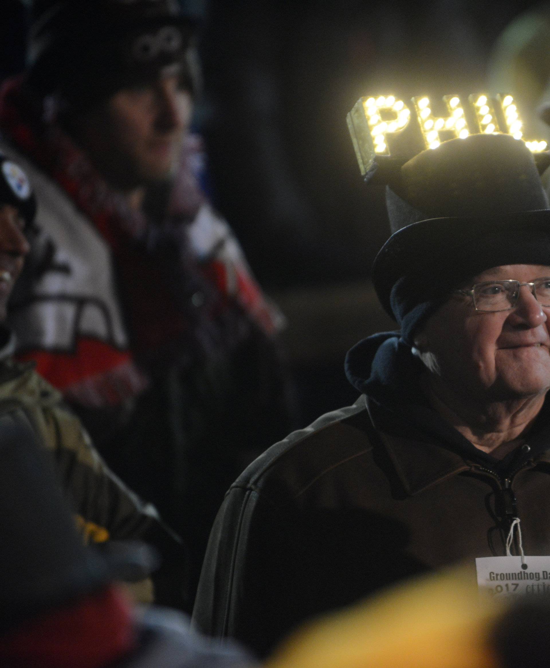 Barry Edwards of Lancaster, PA, wears a lighted hat on Groundhog Day in Punxsutawney