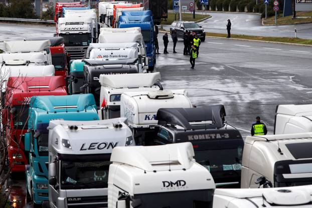 Protest by truck drivers and transport union representatives over disruptions linked to the European Union's new Entry-Exit System, in Gevgelija