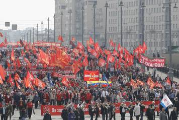 Supporters of left-wing political parties and movements attend a May Day rally in central Moscow