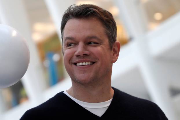Actor Matt Damon appears in the World Trade Center Oculus transportation hub nest to a portion of 'The Water Clouds by Stella Artois', a public art installation of balloons to recognize World Water Day in New York